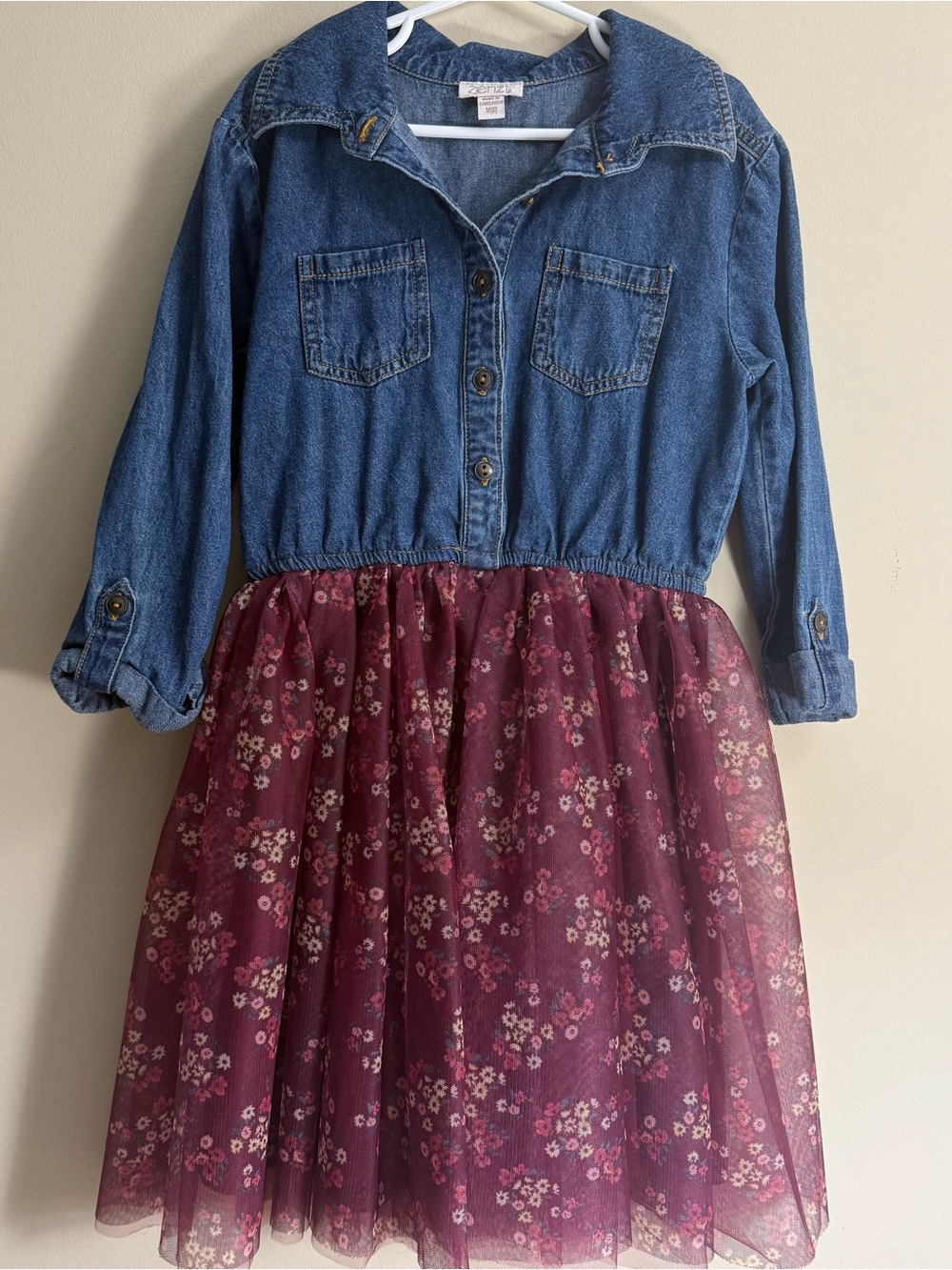 Zenzi Blue Denim Top with Burgundy Floral Tulle Skirt Dress